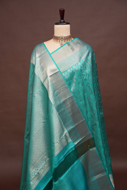 Aqua Green Pure Kanchipuram Silk Saree with Antique Gold Zari Weaving|Silk Mark Certified