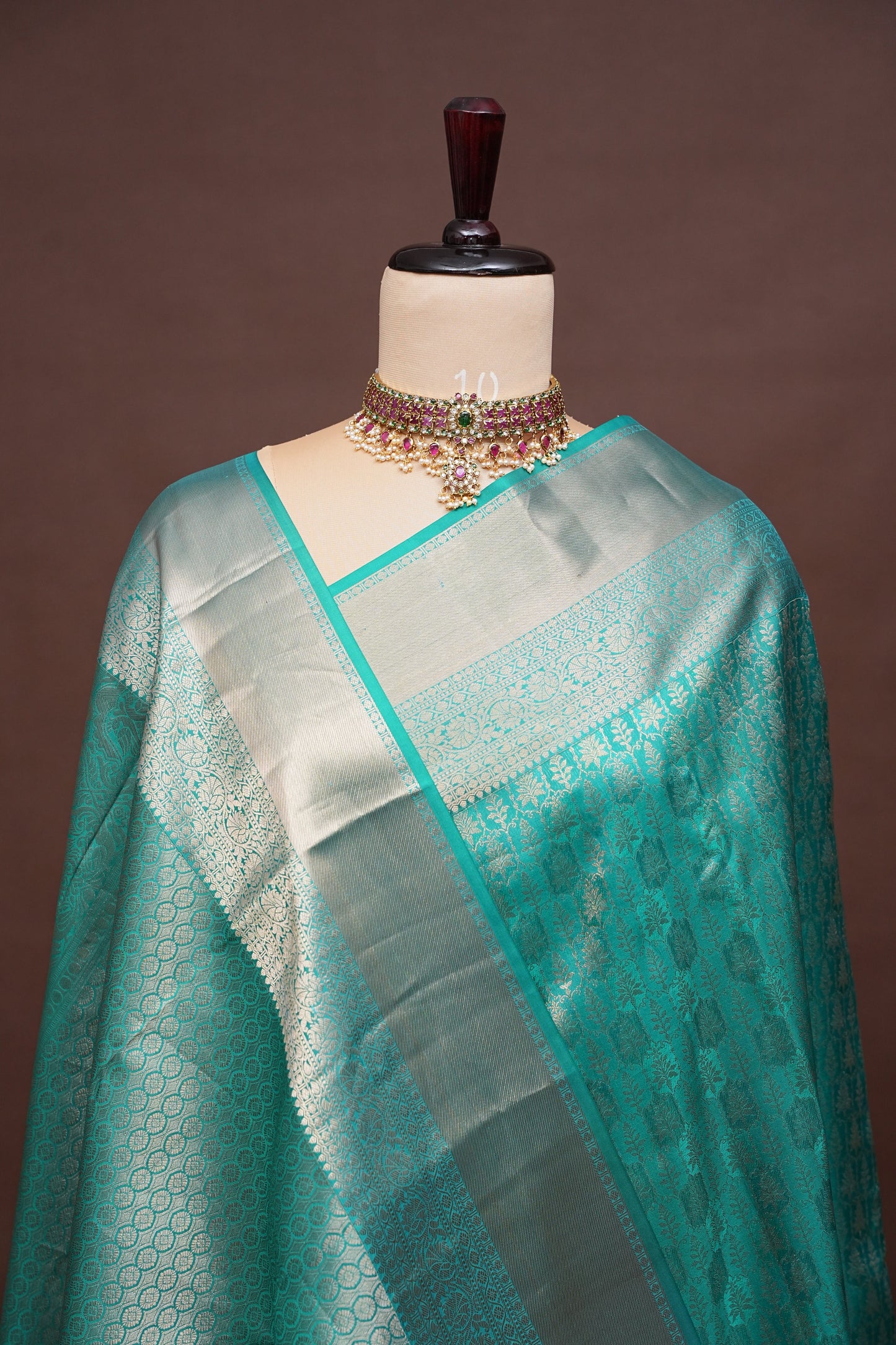 Aqua Green Pure Kanchipuram Silk Saree with Antique Gold Zari Weaving|Silk Mark Certified