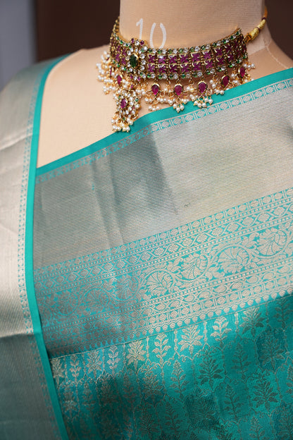 Aqua Green Pure Kanchipuram Silk Saree with Antique Gold Zari Weaving|Silk Mark Certified