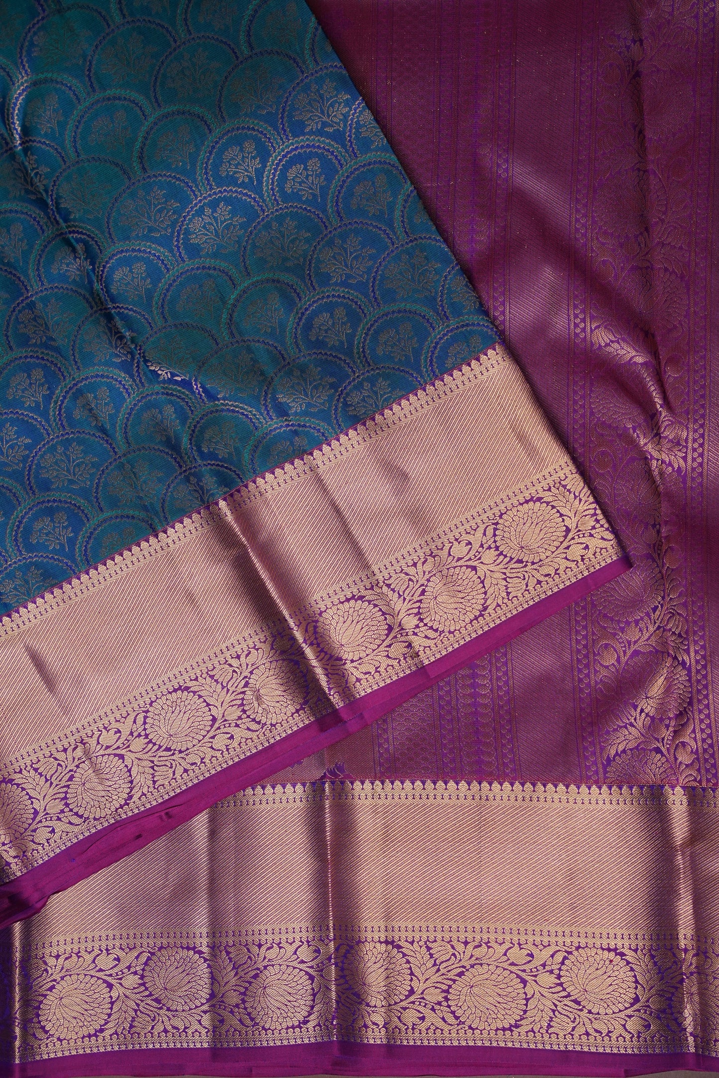 Teal Blue & Magenta Pure Kanchipuram Silk Saree with Gold Zari Border|Silk Mark Certified