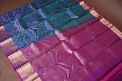 Teal Blue & Magenta Pure Kanchipuram Silk Saree with Gold Zari Border|Silk Mark Certified