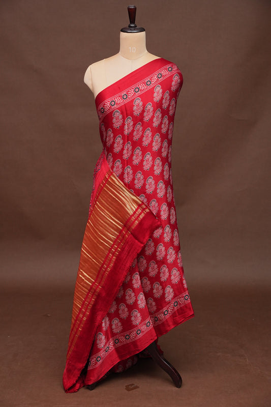 Pure Modal Silk Saree with Ajrakh Prints - Red