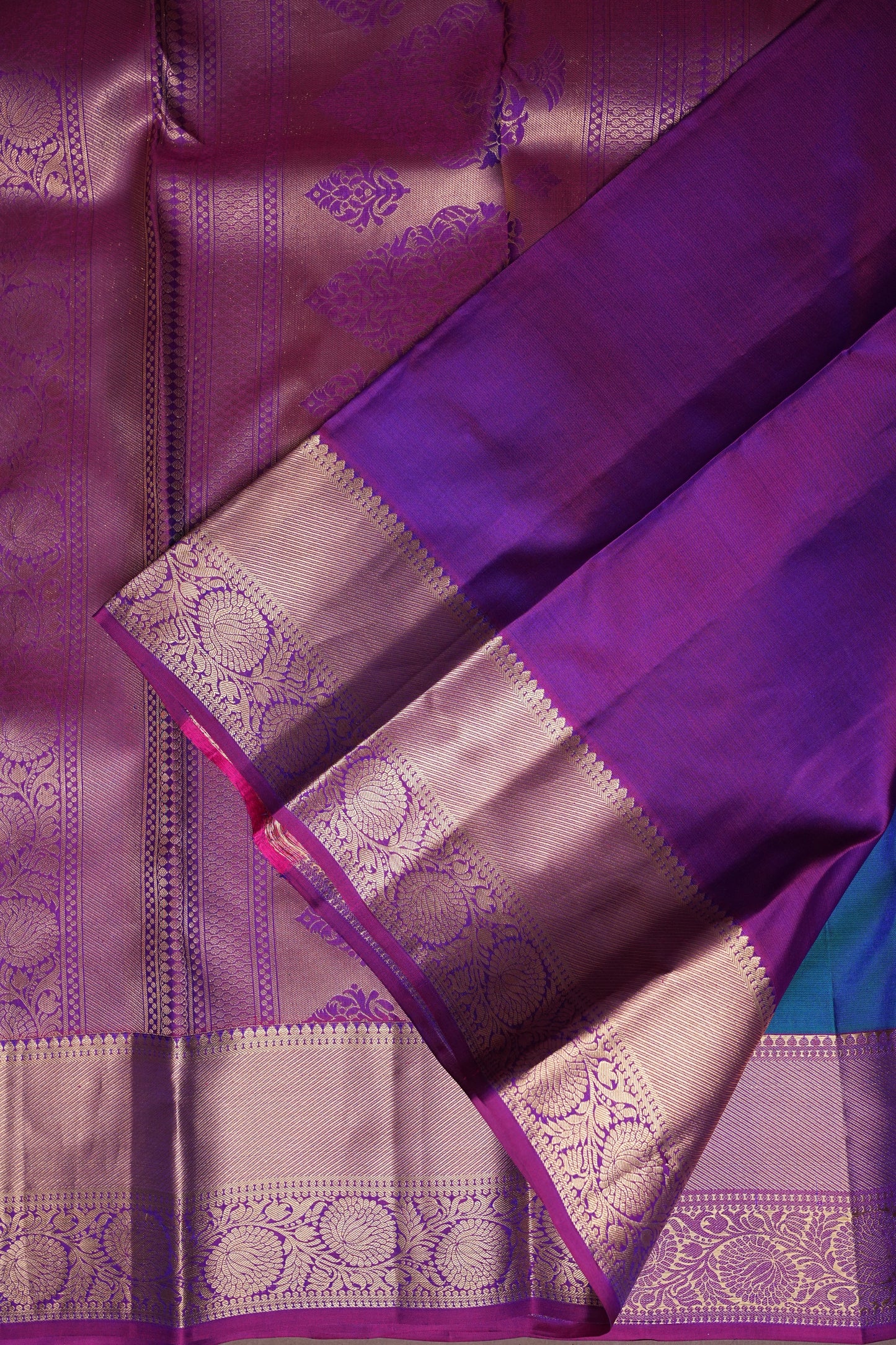 Teal Blue & Magenta Pure Kanchipuram Silk Saree with Gold Zari Border|Silk Mark Certified