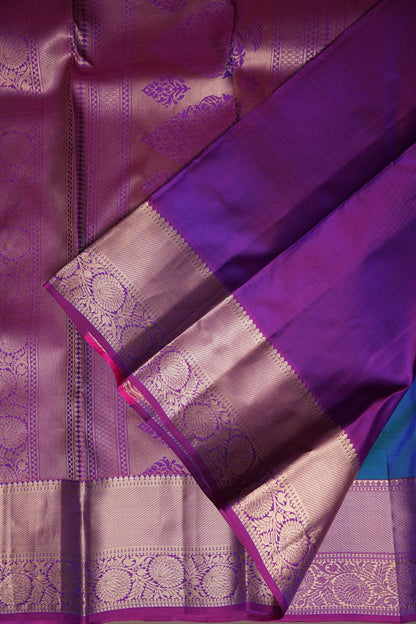 Teal Blue & Magenta Pure Kanchipuram Silk Saree with Gold Zari Border|Silk Mark Certified