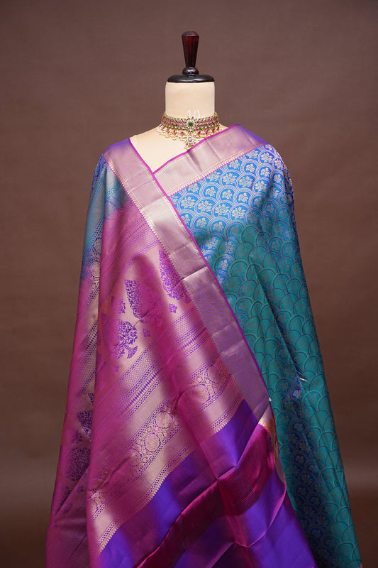 Teal Blue & Magenta Pure Kanchipuram Silk Saree with Gold Zari Border|Silk Mark Certified