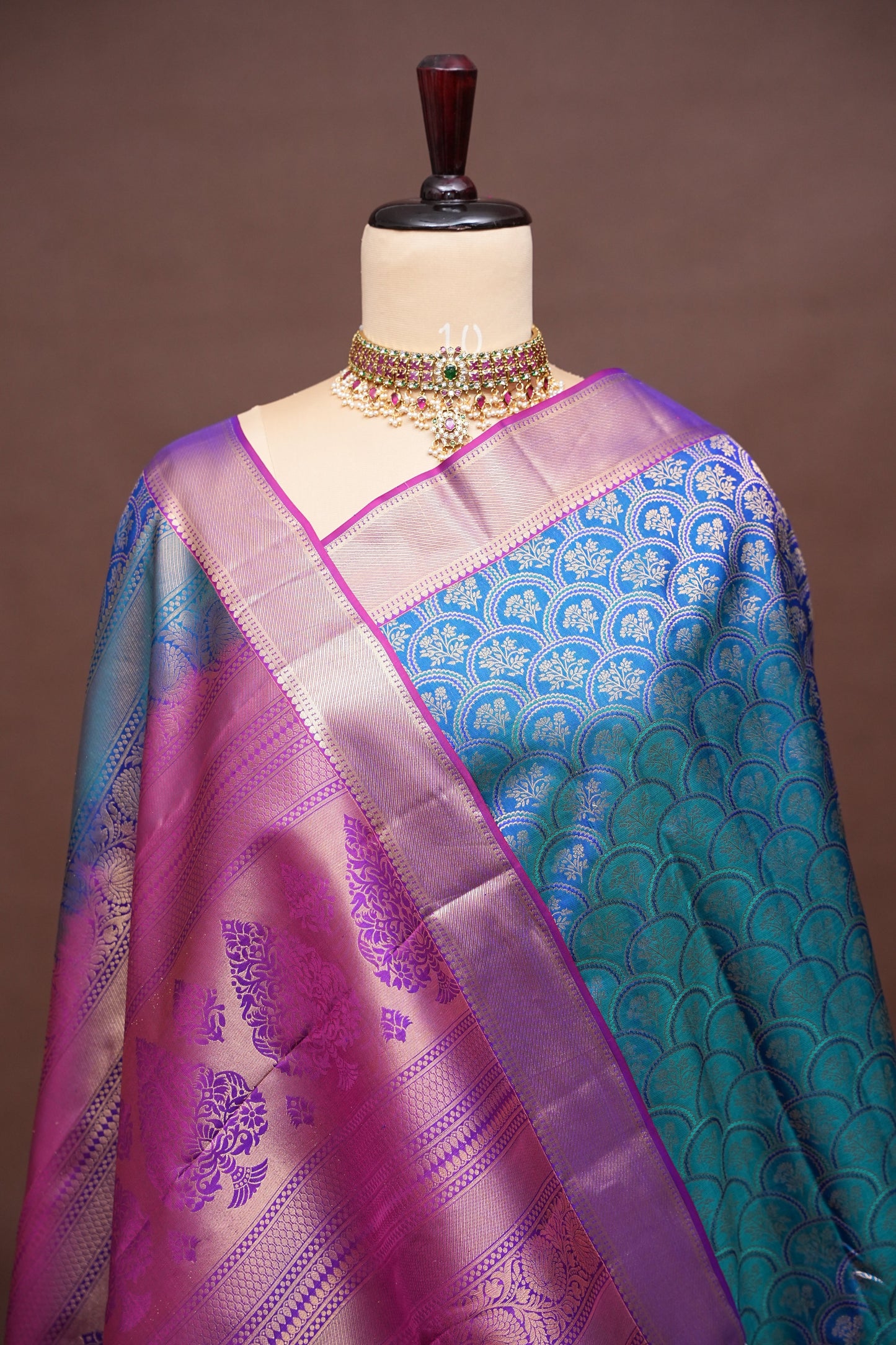 Teal Blue & Magenta Pure Kanchipuram Silk Saree with Gold Zari Border|Silk Mark Certified