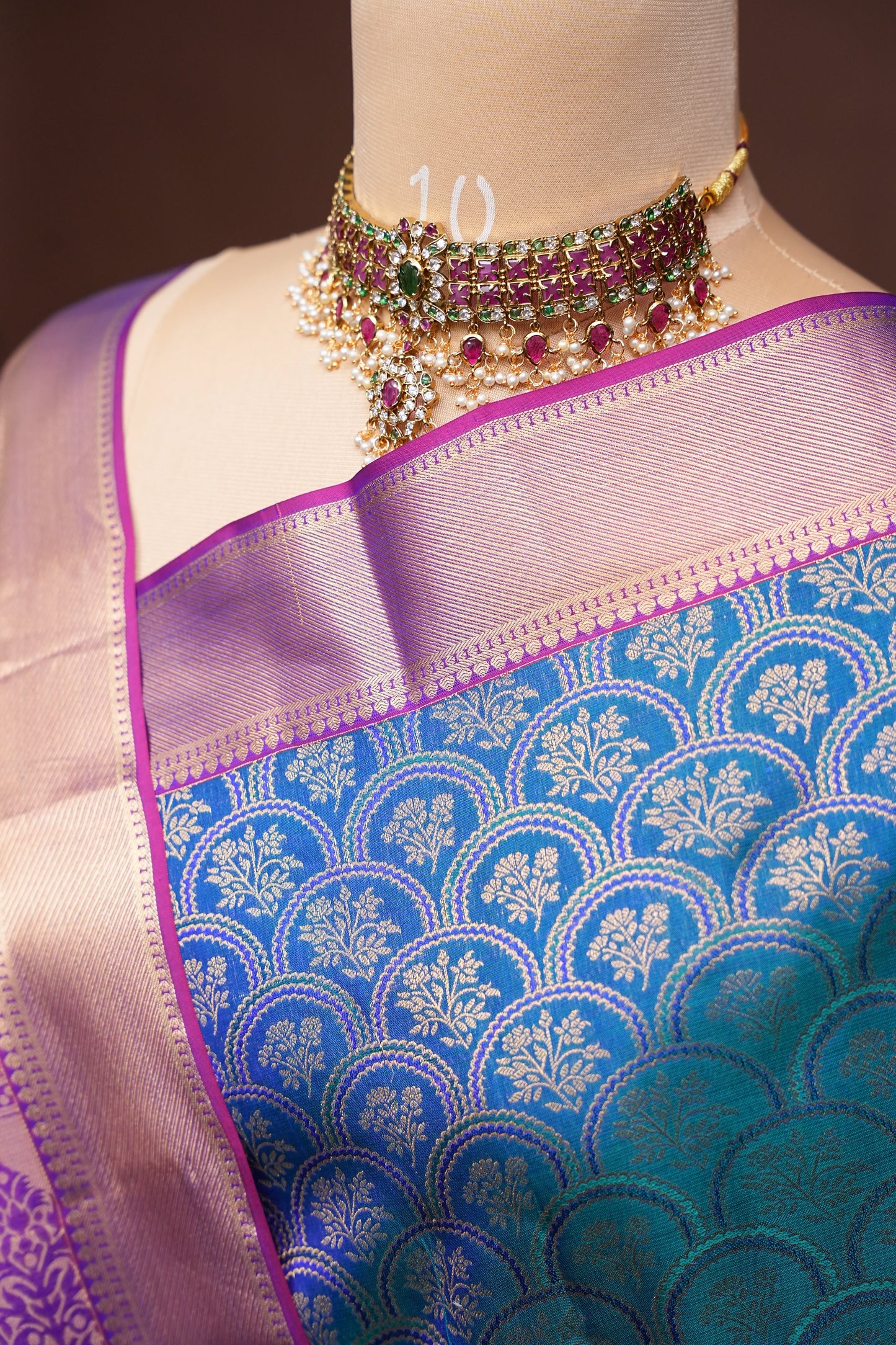 Teal Blue & Magenta Pure Kanchipuram Silk Saree with Gold Zari Border|Silk Mark Certified