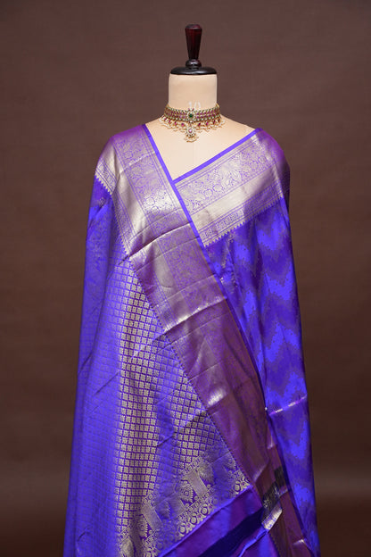 Royal Violet Pure Kanchipuram Silk Saree with Antique Gold Zari Weaving | Silk Mark Certified