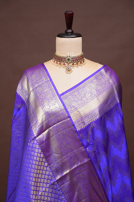 Royal Violet Pure Kanchipuram Silk Saree with Antique Gold Zari Weaving | Silk Mark Certified