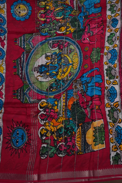 Mangalagiri Printed Silk Saree - Lavender & Rani Pink