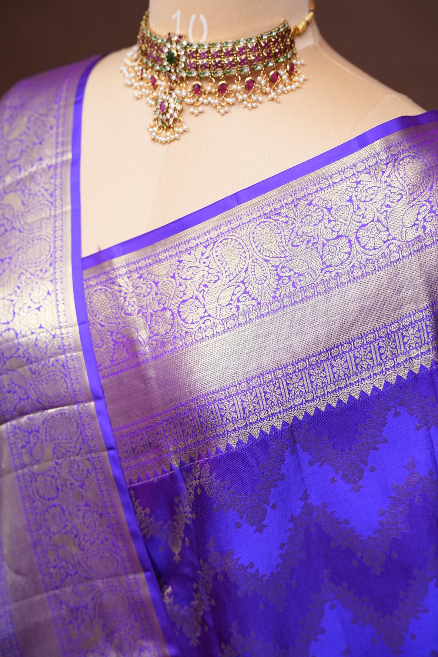 Royal Violet Pure Kanchipuram Silk Saree with Antique Gold Zari Weaving | Silk Mark Certified