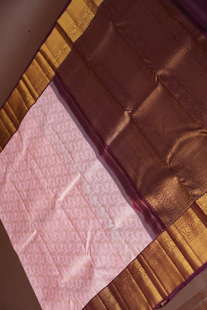 Soft Pink & Coffee Pure Kanchipuram Silk Saree with Rich 2 Gram Gold Zari|Silk Mark Certified