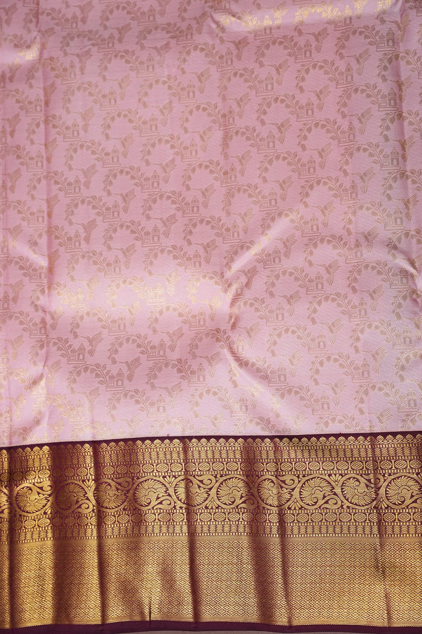 Soft Pink & Coffee Pure Kanchipuram Silk Saree with Rich 2 Gram Gold Zari|Silk Mark Certified