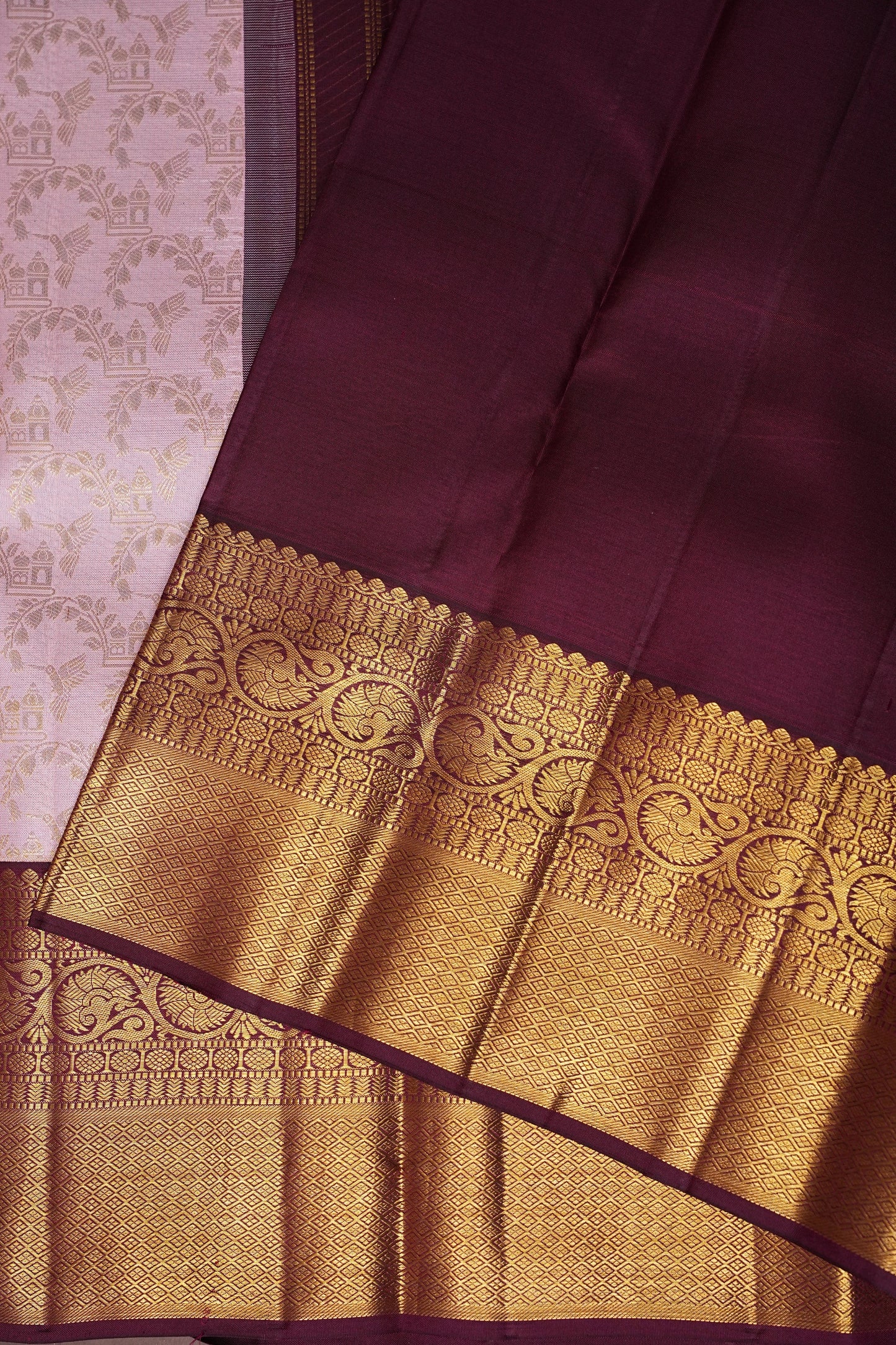 Soft Pink & Coffee Pure Kanchipuram Silk Saree with Rich 2 Gram Gold Zari|Silk Mark Certified