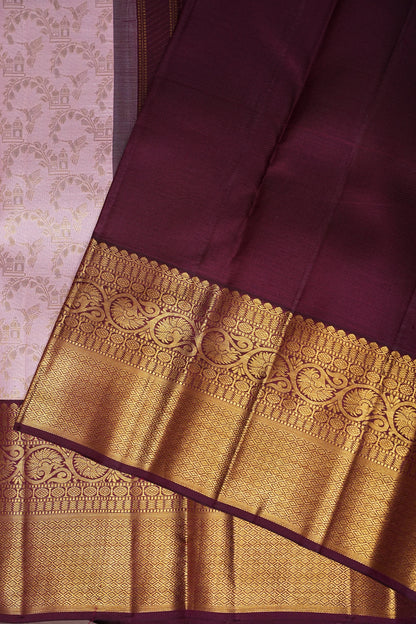 Soft Pink & Coffee Pure Kanchipuram Silk Saree with Rich 2 Gram Gold Zari|Silk Mark Certified