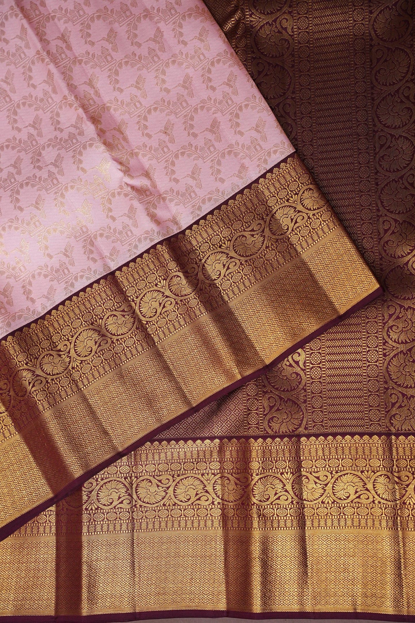 Soft Pink & Coffee Pure Kanchipuram Silk Saree with Rich 2 Gram Gold Zari|Silk Mark Certified