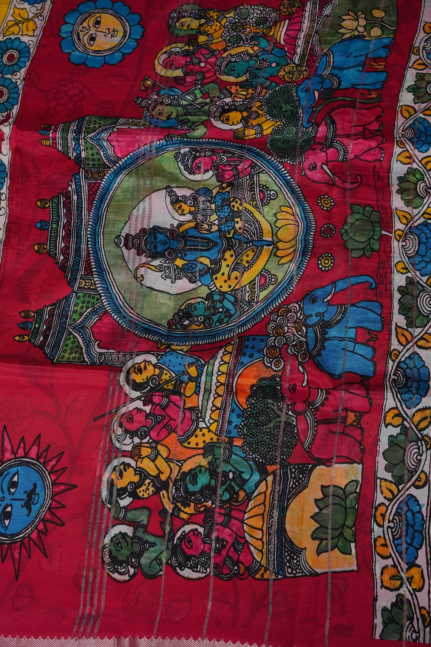 Mangalagiri Printed Silk Saree - Yellow & Rani Pink