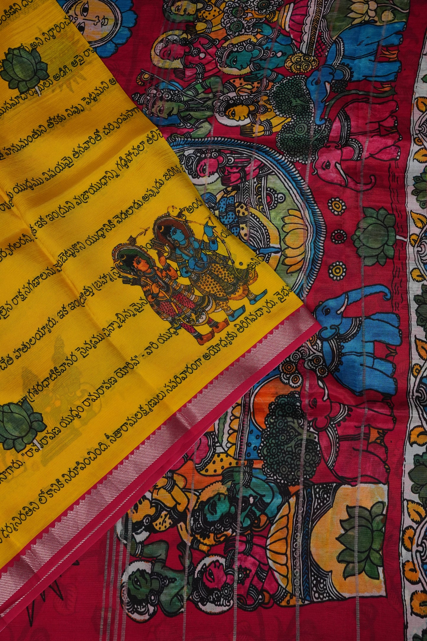 Mangalagiri Printed Silk Saree - Yellow & Rani Pink