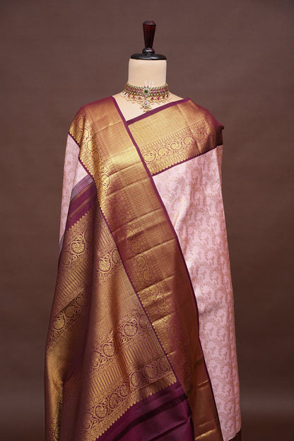 Soft Pink & Coffee Pure Kanchipuram Silk Saree with Rich 2 Gram Gold Zari|Silk Mark Certified