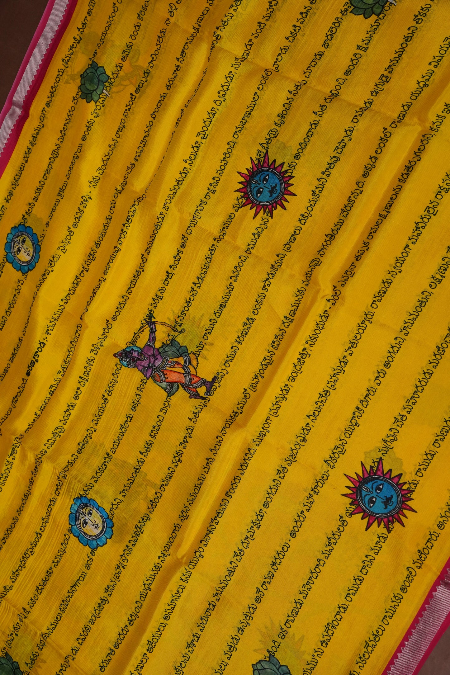 Mangalagiri Printed Silk Saree - Yellow & Rani Pink