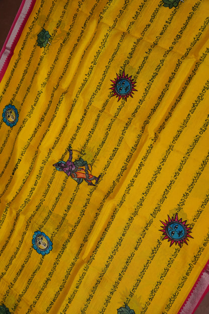 Mangalagiri Printed Silk Saree - Yellow & Rani Pink