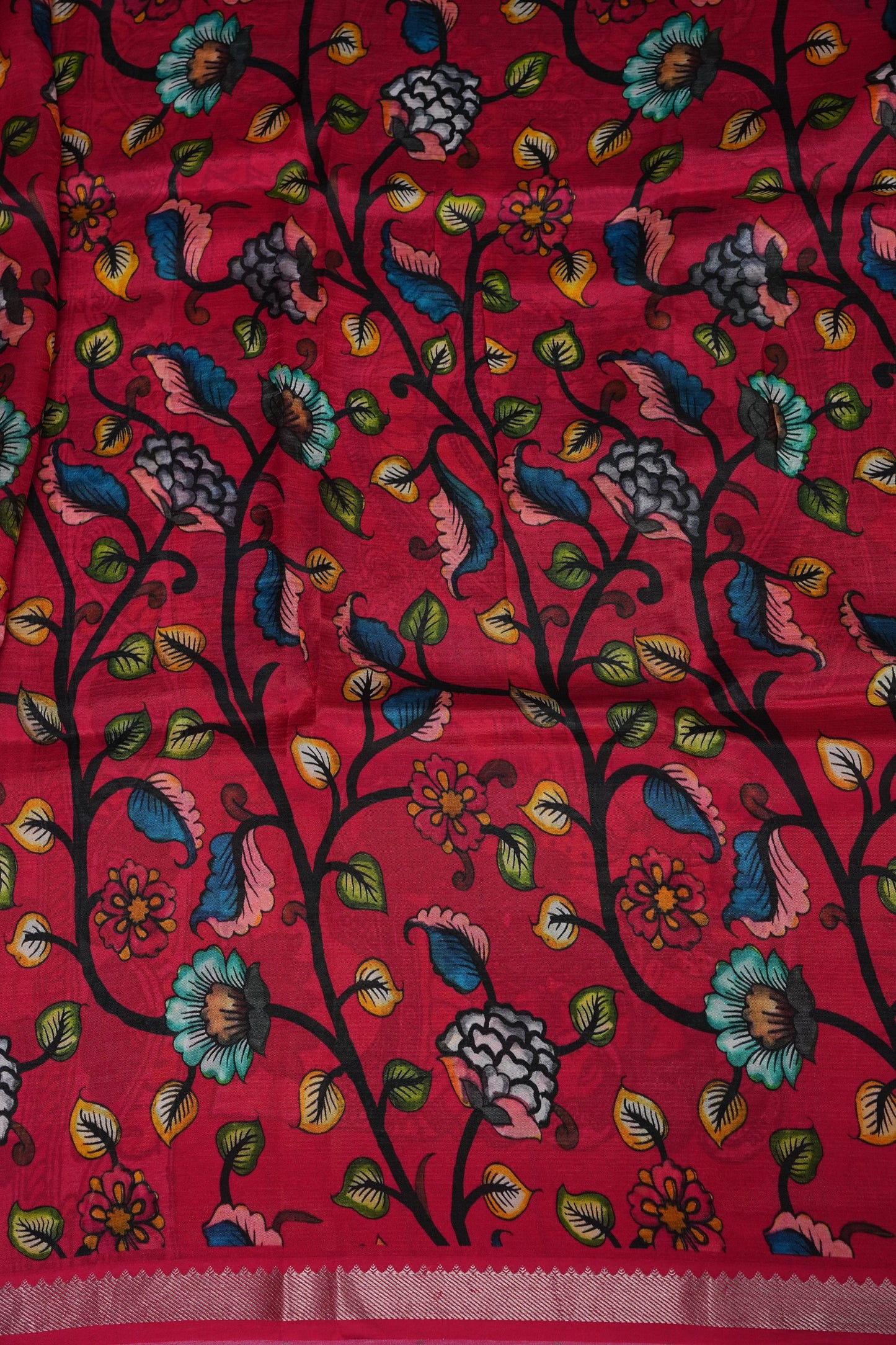 Mangalagiri Printed Silk Saree - Yellow & Rani Pink