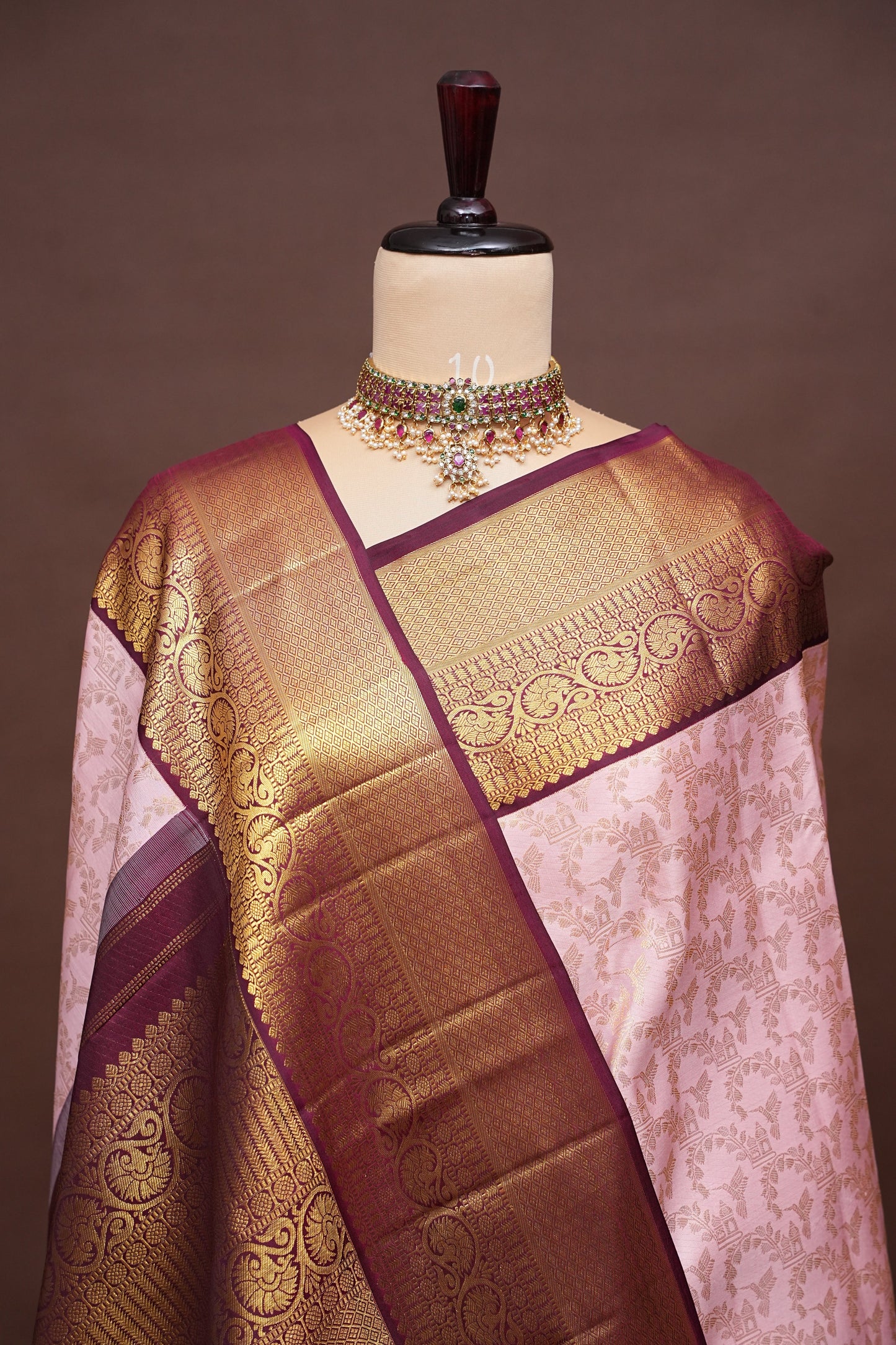 Soft Pink & Coffee Pure Kanchipuram Silk Saree with Rich 2 Gram Gold Zari|Silk Mark Certified