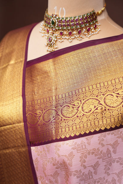 Soft Pink & Coffee Pure Kanchipuram Silk Saree with Rich 2 Gram Gold Zari|Silk Mark Certified
