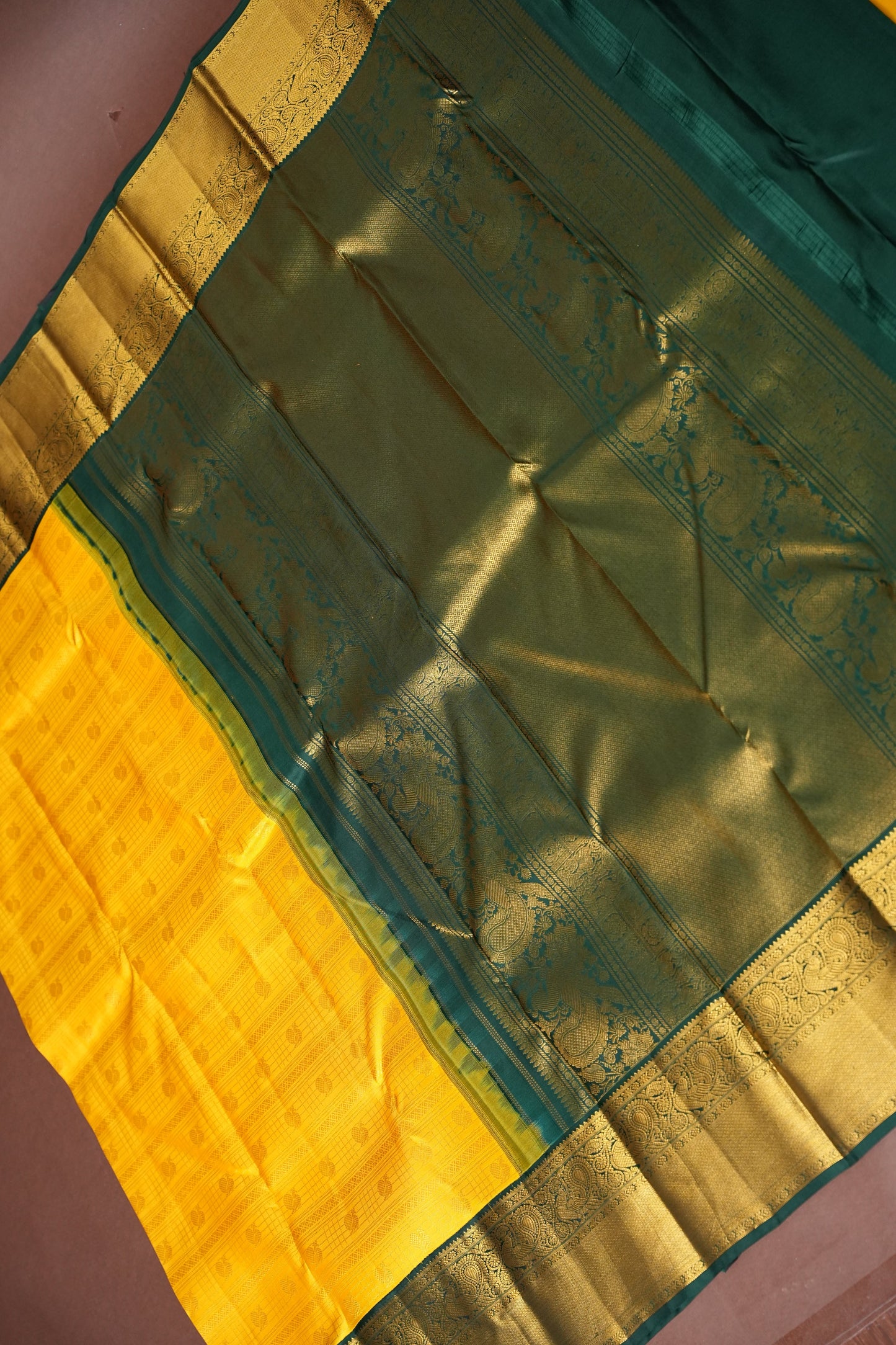 Sunshine Yellow & Bottle Green Pure Kanchipuram Silk Saree with Rich 2 Gram Gold Zari|Silk Mark Certified