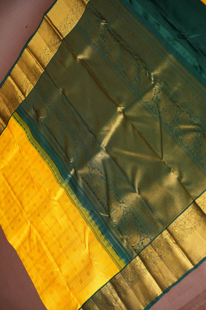Sunshine Yellow & Bottle Green Pure Kanchipuram Silk Saree with Rich 2 Gram Gold Zari|Silk Mark Certified