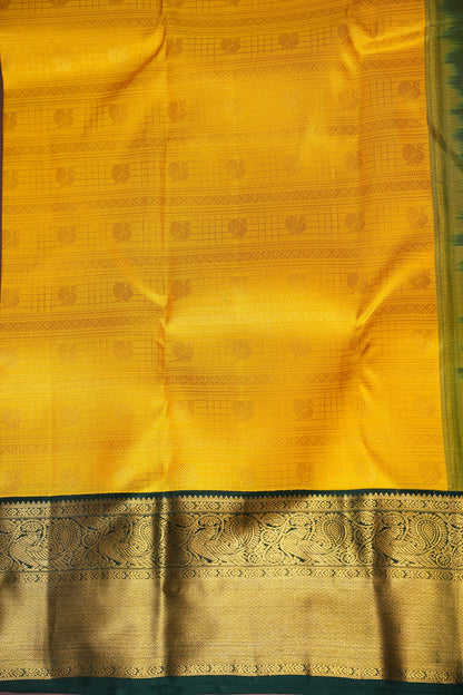 Sunshine Yellow & Bottle Green Pure Kanchipuram Silk Saree with Rich 2 Gram Gold Zari|Silk Mark Certified