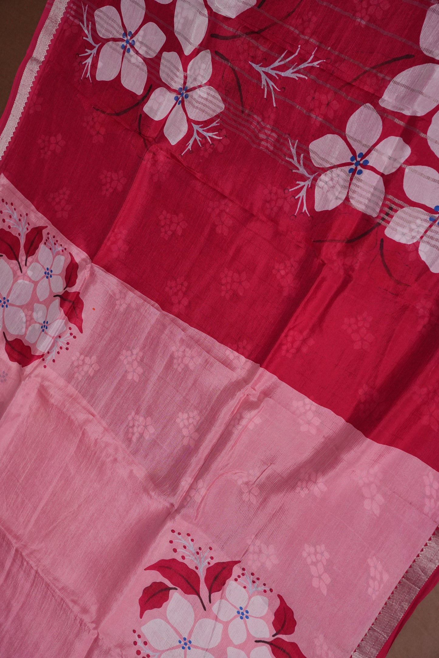 Mangalagiri Printed Silk Saree – Soft Pink & Coral Red