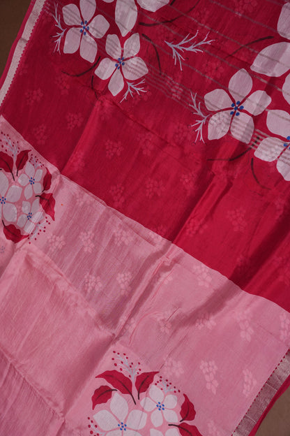 Mangalagiri Printed Silk Saree – Soft Pink & Coral Red
