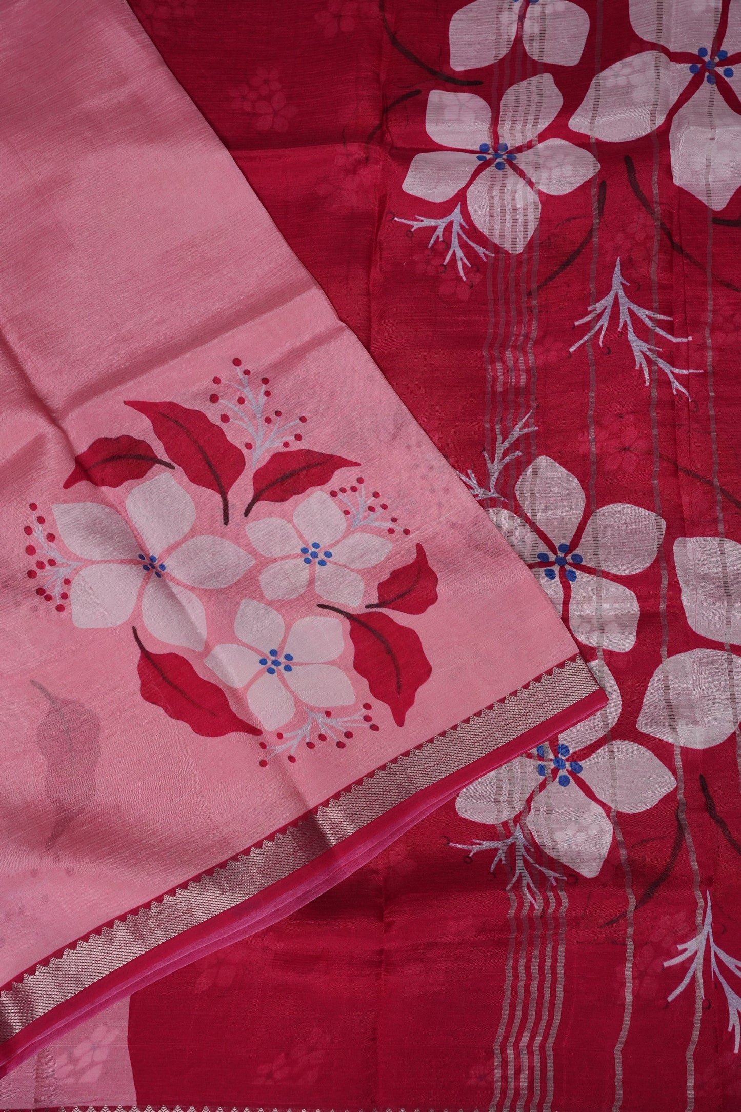 Mangalagiri Printed Silk Saree – Soft Pink & Coral Red