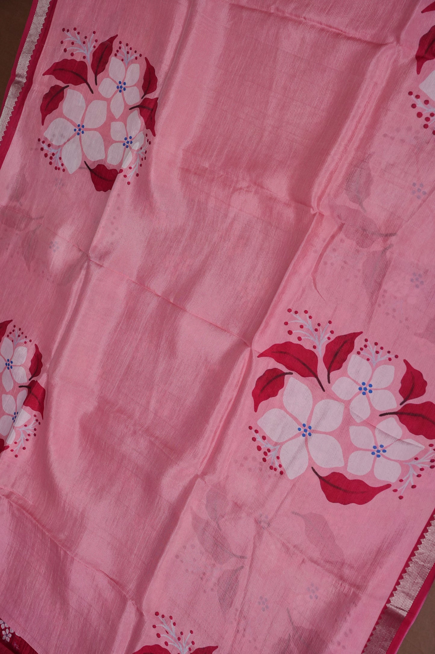Mangalagiri Printed Silk Saree – Soft Pink & Coral Red