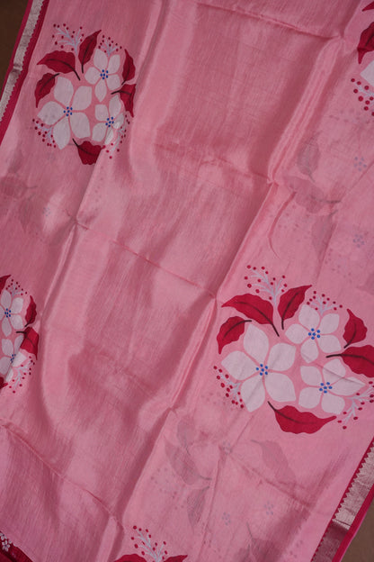 Mangalagiri Printed Silk Saree – Soft Pink & Coral Red
