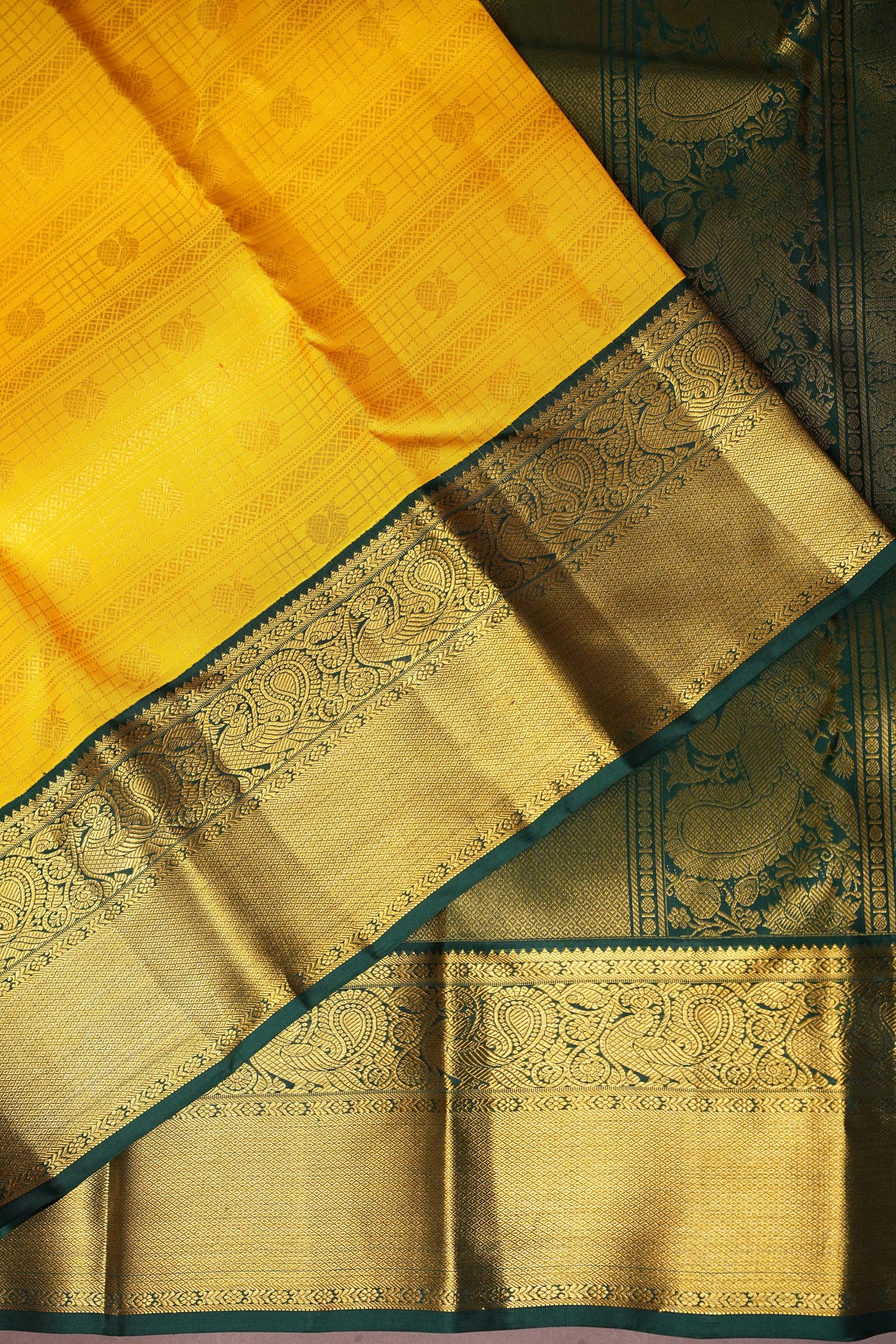 Sunshine Yellow & Bottle Green Pure Kanchipuram Silk Saree with Rich 2 Gram Gold Zari|Silk Mark Certified