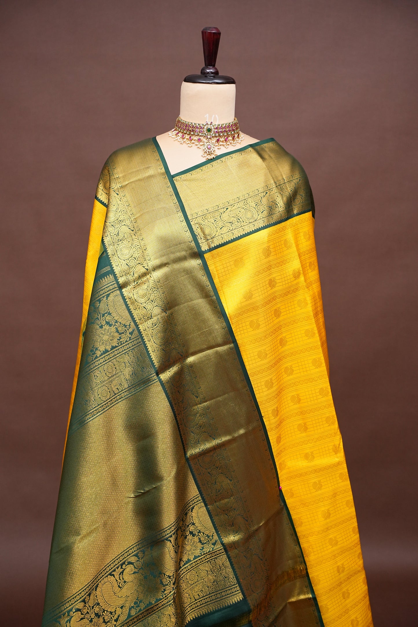Sunshine Yellow & Bottle Green Pure Kanchipuram Silk Saree with Rich 2 Gram Gold Zari|Silk Mark Certified