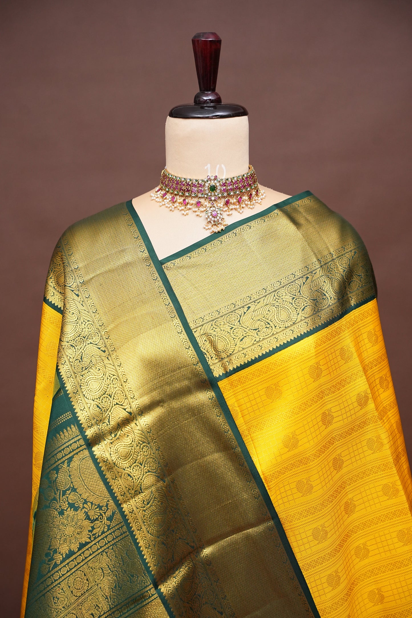 Sunshine Yellow & Bottle Green Pure Kanchipuram Silk Saree with Rich 2 Gram Gold Zari|Silk Mark Certified