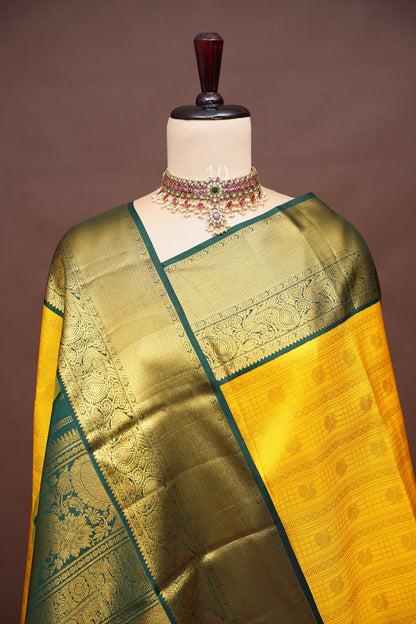 Sunshine Yellow & Bottle Green Pure Kanchipuram Silk Saree with Rich 2 Gram Gold Zari|Silk Mark Certified