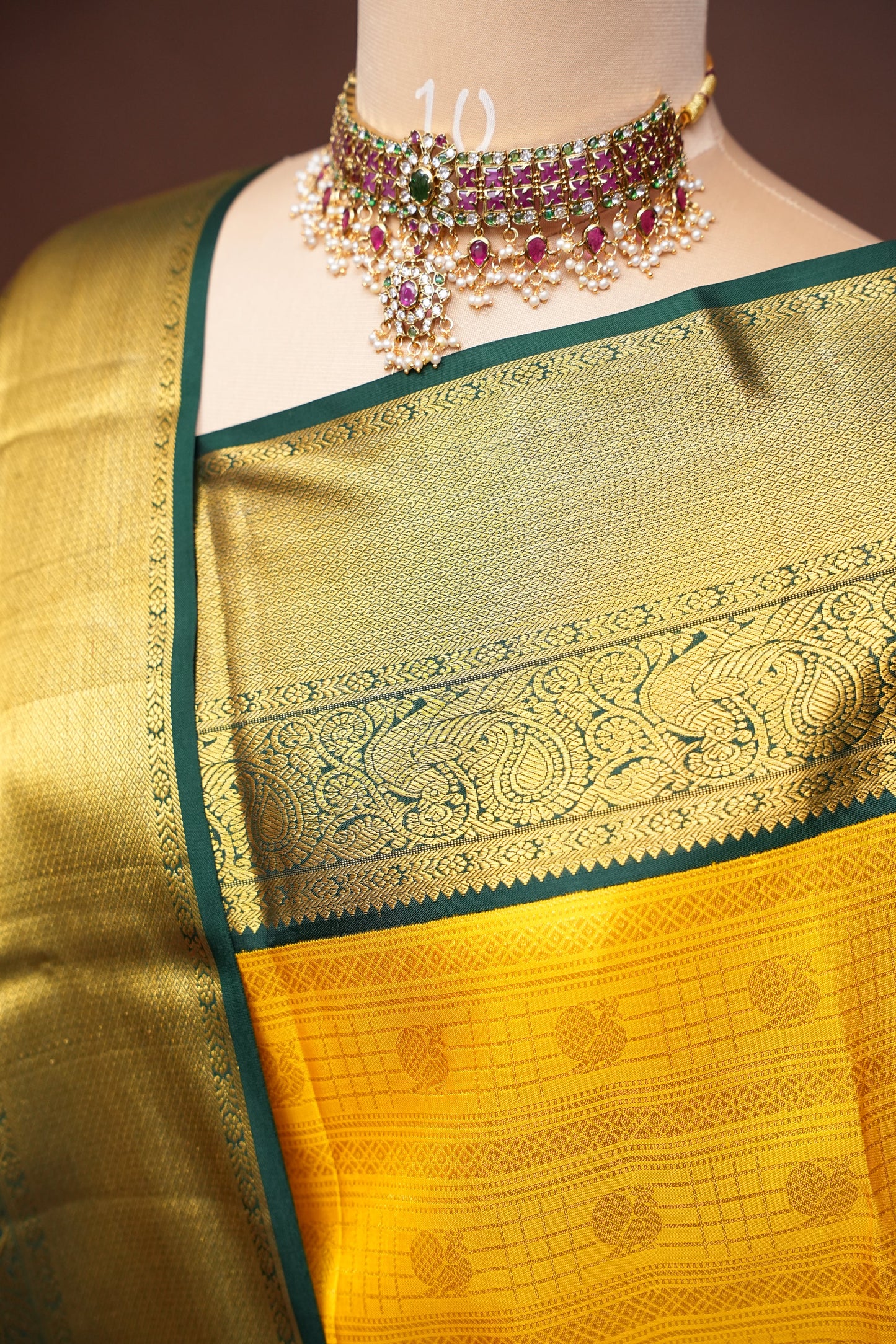 Sunshine Yellow & Bottle Green Pure Kanchipuram Silk Saree with Rich 2 Gram Gold Zari|Silk Mark Certified