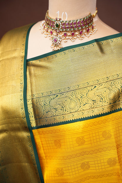Sunshine Yellow & Bottle Green Pure Kanchipuram Silk Saree with Rich 2 Gram Gold Zari|Silk Mark Certified