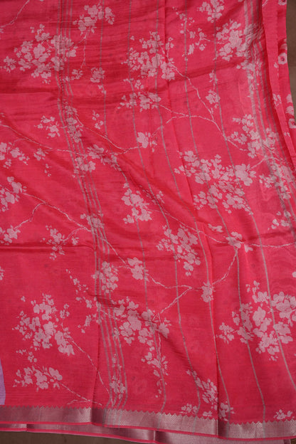 Mangalagiri Printed Silk Saree - Lavender Purple & Coral Red