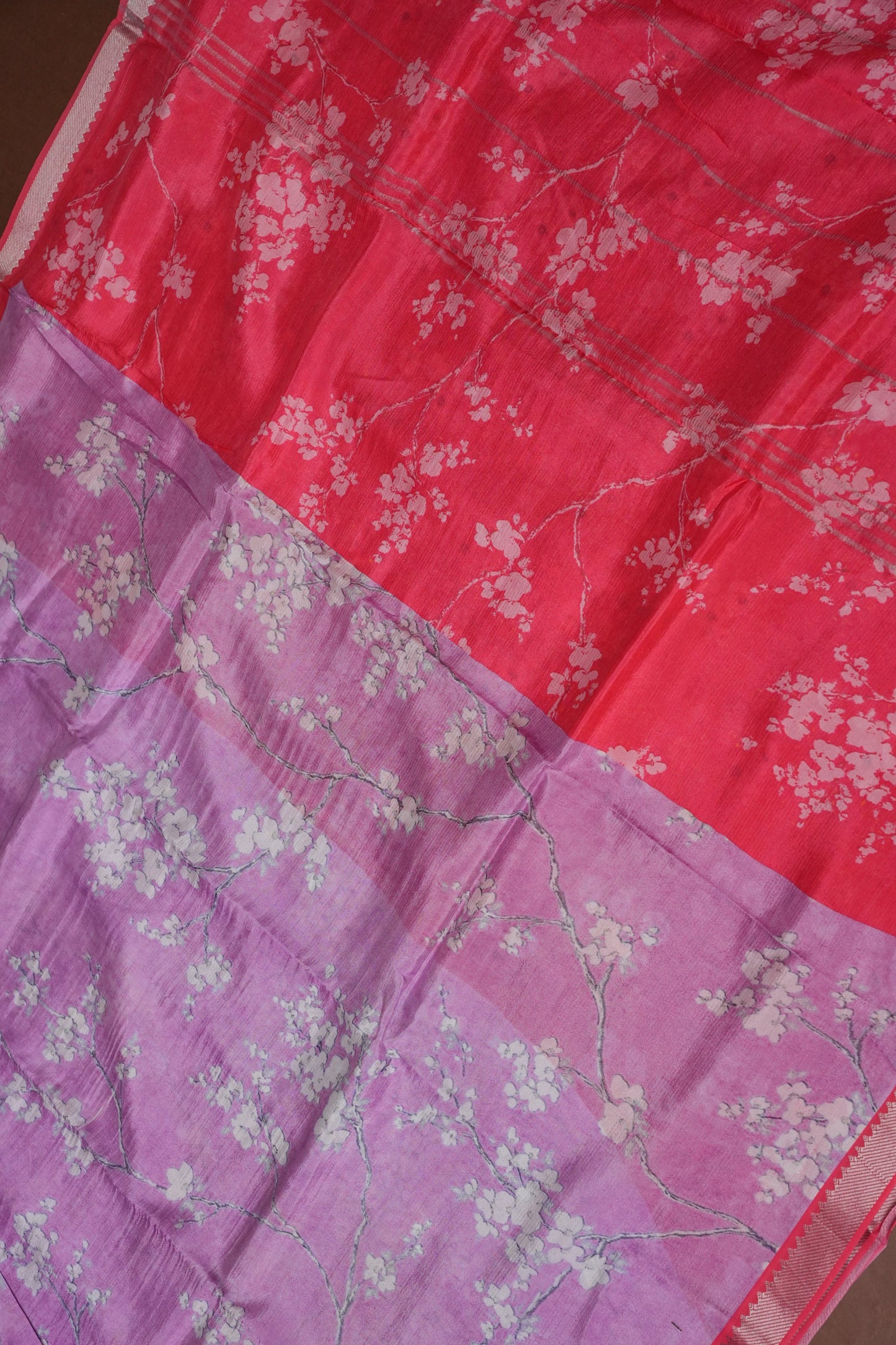 Mangalagiri Printed Silk Saree - Lavender Purple & Coral Red