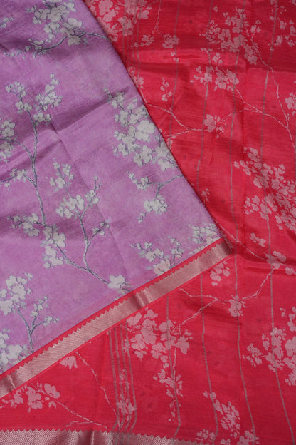 Mangalagiri Printed Silk Saree - Lavender Purple & Coral Red