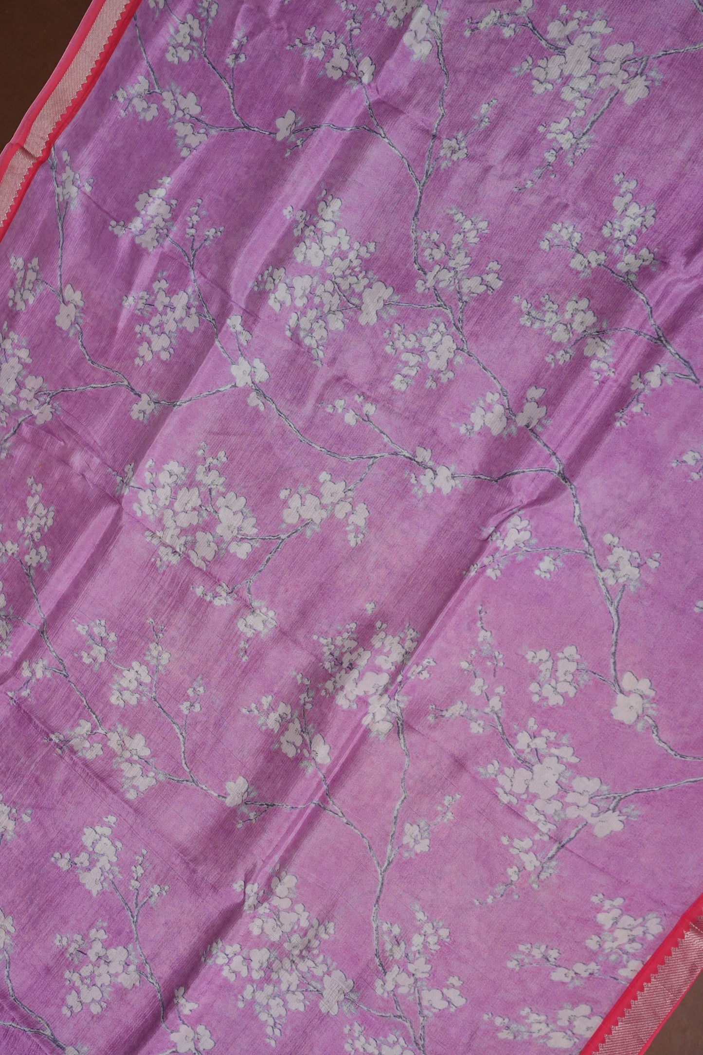 Mangalagiri Printed Silk Saree - Lavender Purple & Coral Red