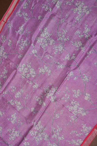 Mangalagiri Printed Silk Saree - Lavender Purple & Coral Red
