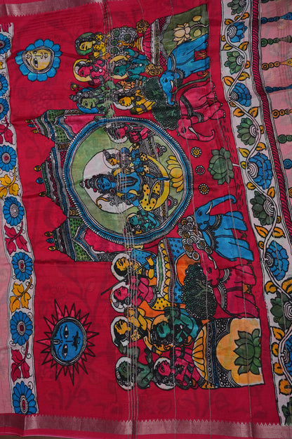 Mangalagiri Printed Silk Saree - Peach Pink & Rani Pink