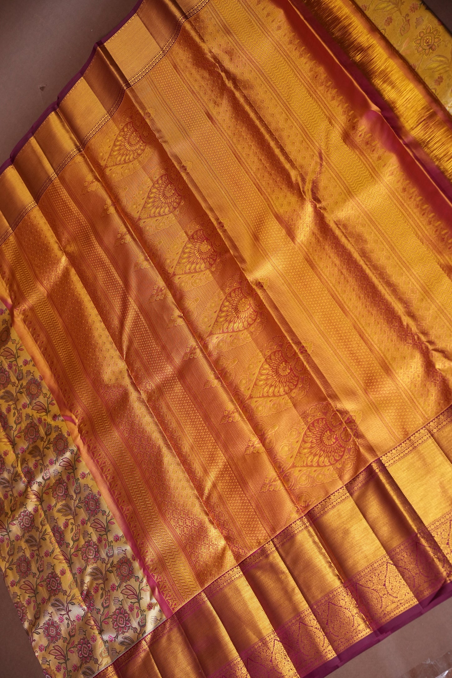 Gold & Maroon Pure Tissue Kanchipuram Silk Saree with Floral Brocade|Silk Mark Certified