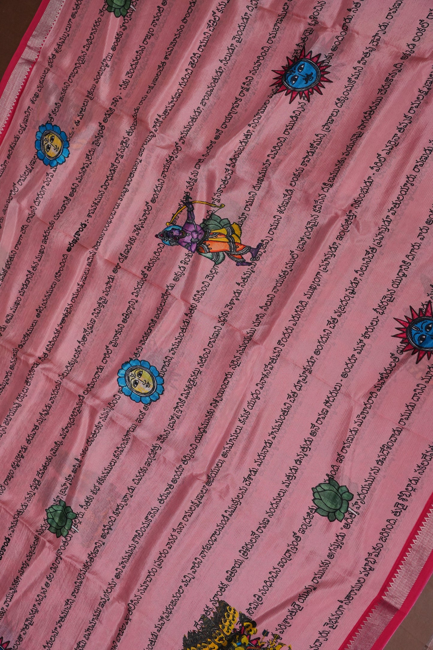 Mangalagiri Printed Silk Saree - Peach Pink & Rani Pink